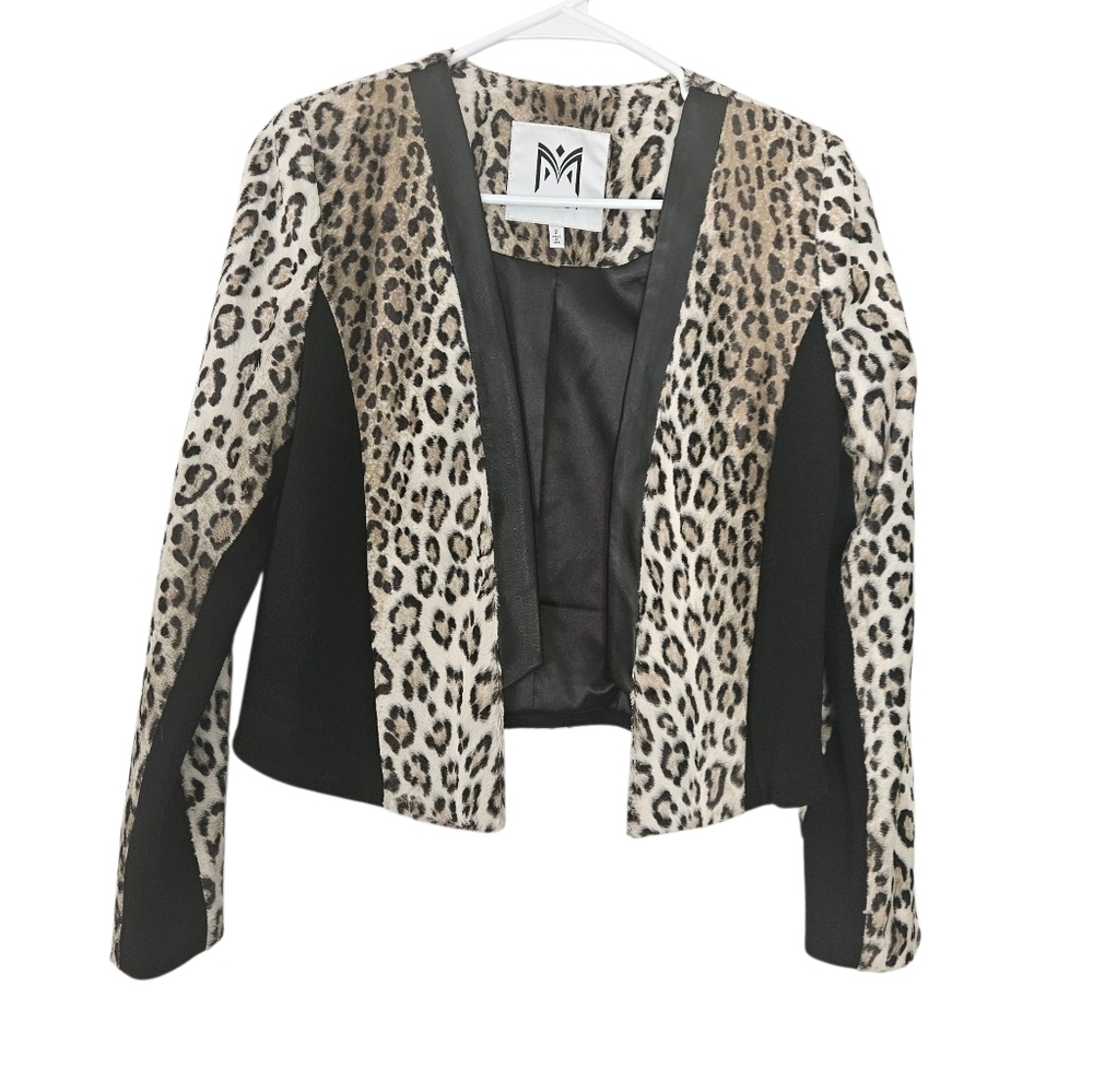Milly Sidney Leopard Print Faux Fur Cropped Jacket With Lamb Leather Size 2